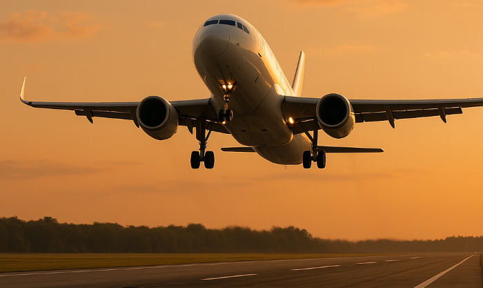 Passenger airplane taking off during an international relocation