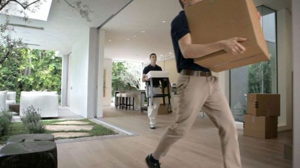Two movers carrying boxes through a modern luxury home with floor-to-ceiling windows