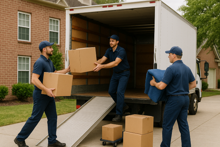 Uniformed movers loading boxes into a truck outside a house