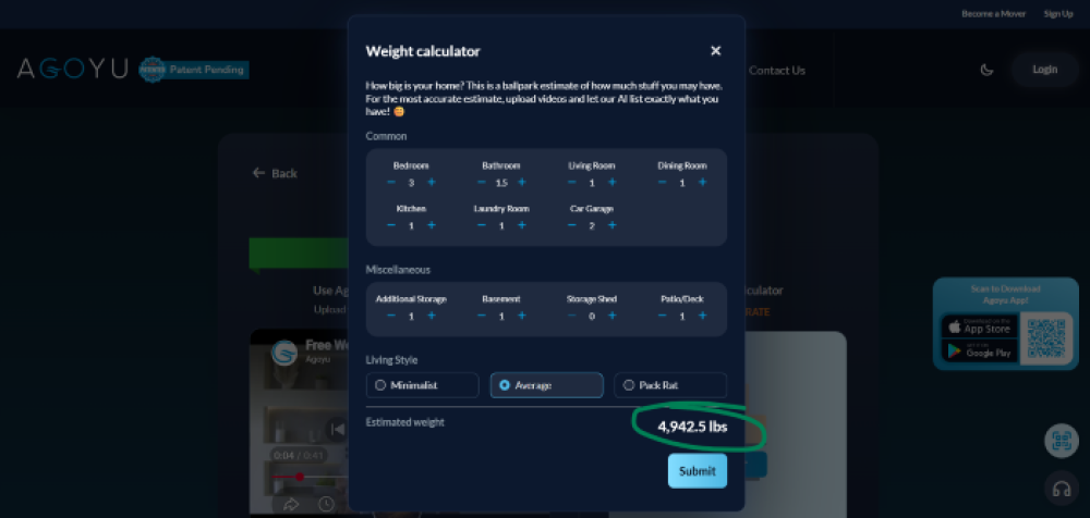 Agoyu weight calculator estimating household goods weight based on home size and rooms