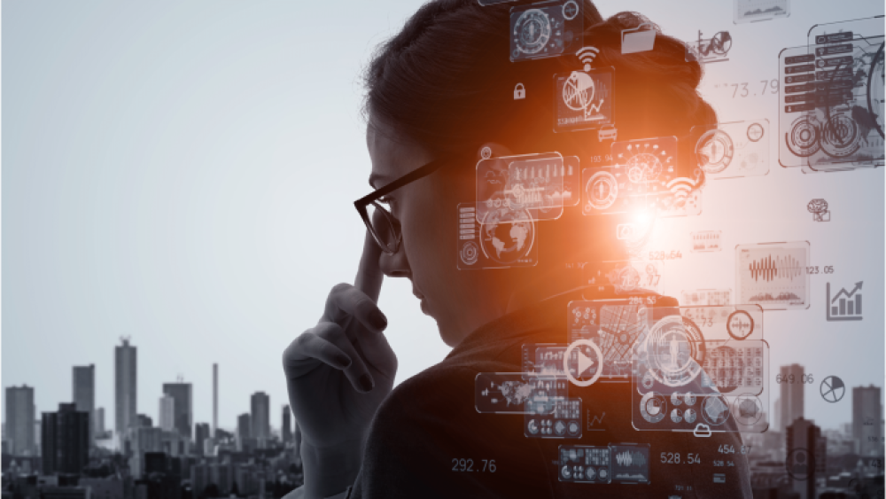 Silhouette of a woman with data and analytics graphics overlaid, city skyline in background