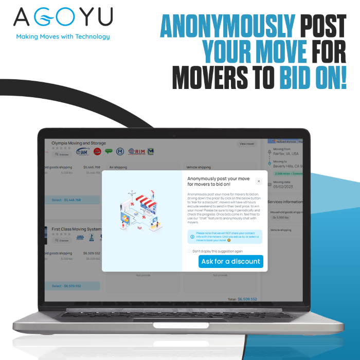 Agoyu moving app showing a feature that lets users ask movers to bid on their move