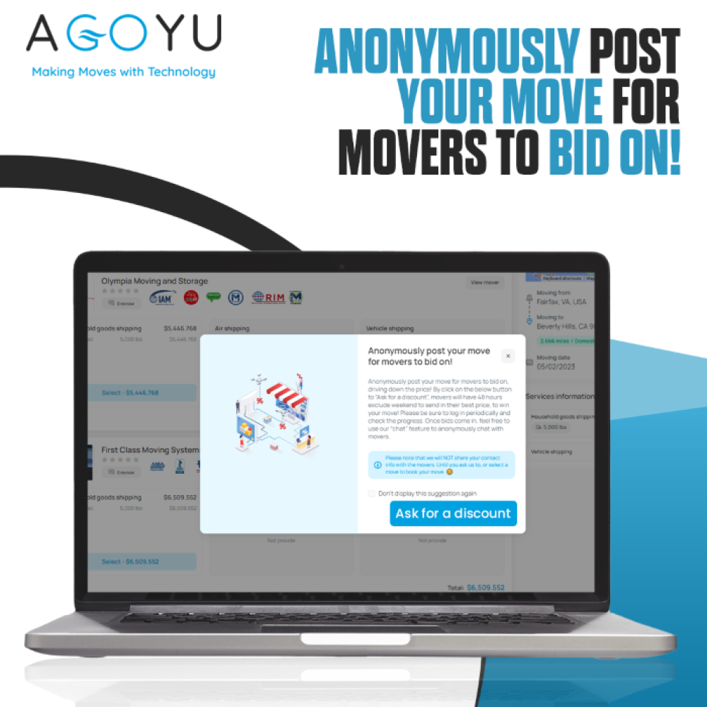 Agoyu moving app showing a feature that lets users ask movers to bid on their move