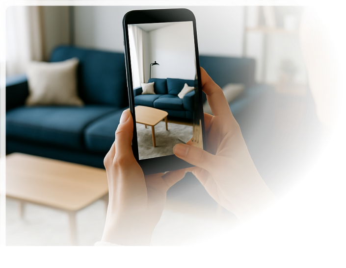 Person using a smartphone to scan furniture in a living room for a moving estimate