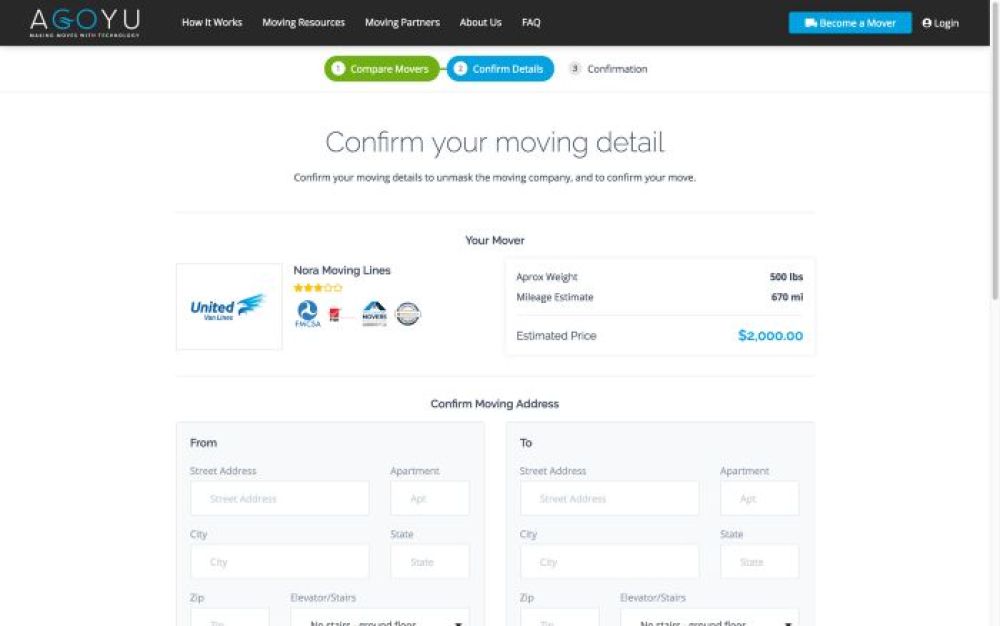 Agoyu moving estimate software showing mover details, estimated weight, mileage, and price