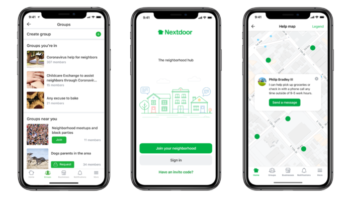 Nextdoor app screens showing neighborhood groups and a help map