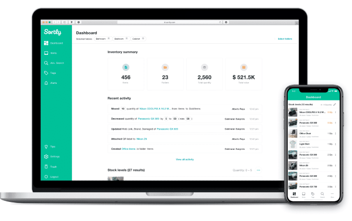 Sortly dashboard showing inventory summary and item tracking