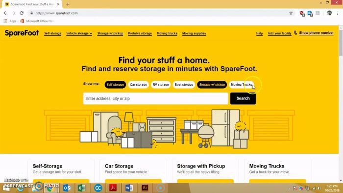 SpareFoot homepage for searching and reserving storage units