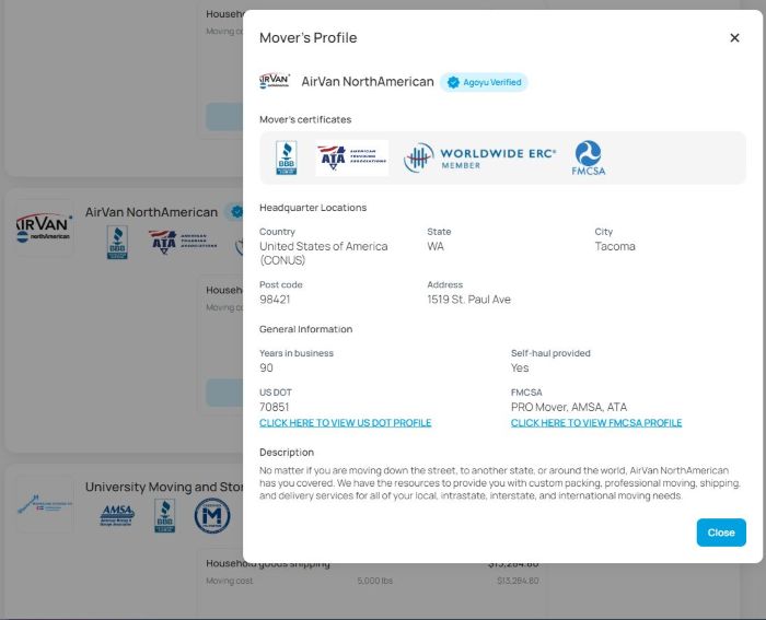 Agoyu verified mover profile showing certifications and business details