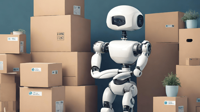 Illustration of an AI robot surrounded by moving boxes