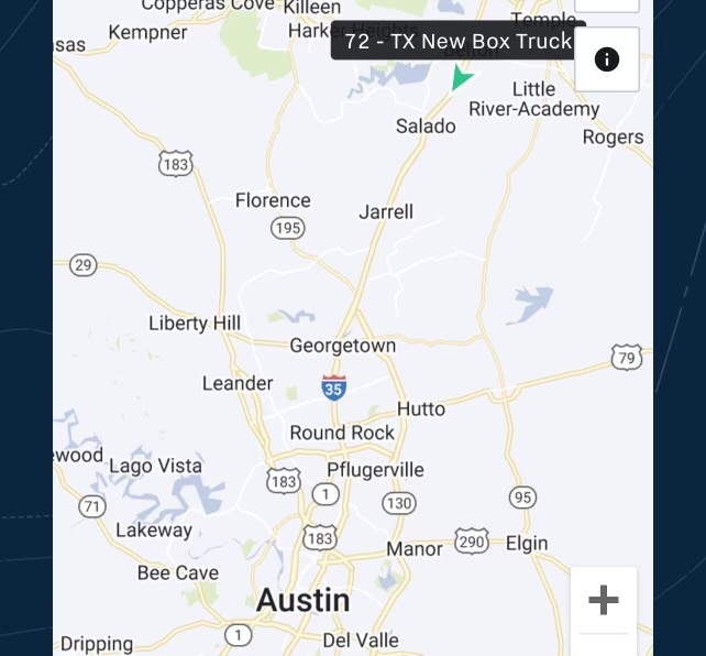 Map showing the real-time location of a moving truck near Austin, Texas