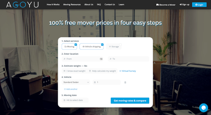 Agoyu homepage showing a step-by-step moving quote form
