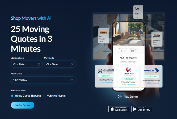 Agoyu app screen showing an AI room scan generating item weights and three moving quotes