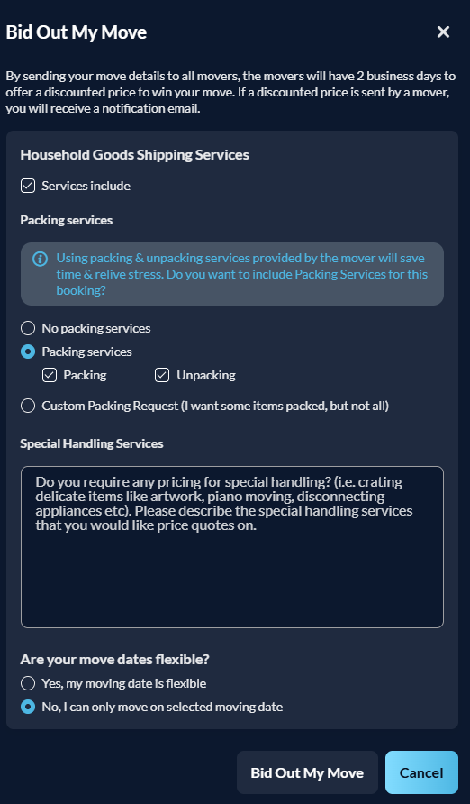Agoyu’s Bid Out My Move form showing packing options and special handling requests