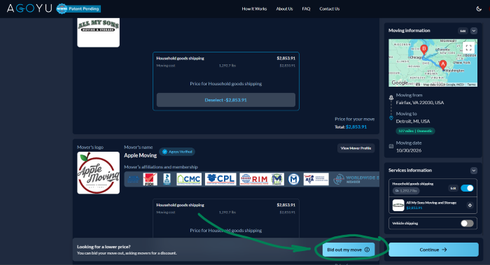 Agoyu moving quote comparison page with the Bid Out My Move button highlighted