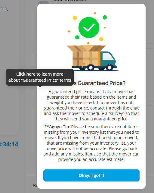 Agoyu popup explaining what a guaranteed price means for a moving quote