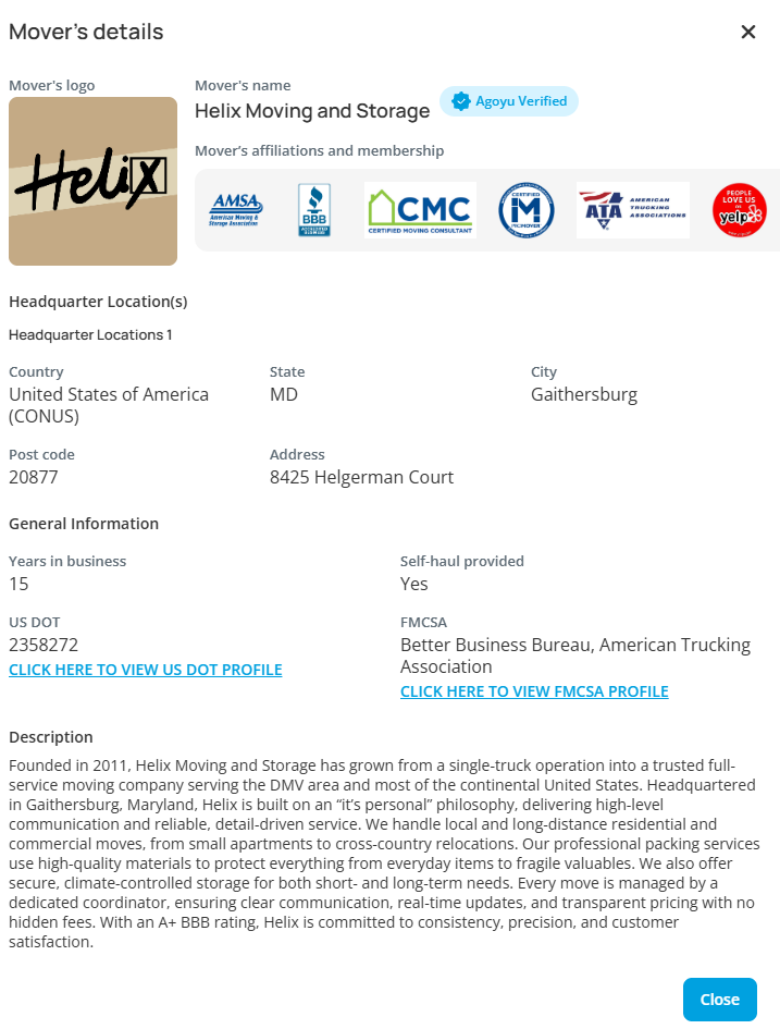 Agoyu mover profile showing Helix Moving and Storage’s certifications and company details