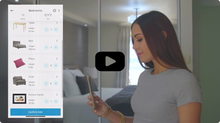 Split screen showing a woman video scanning a bedroom next to an itemized weight list of the furniture